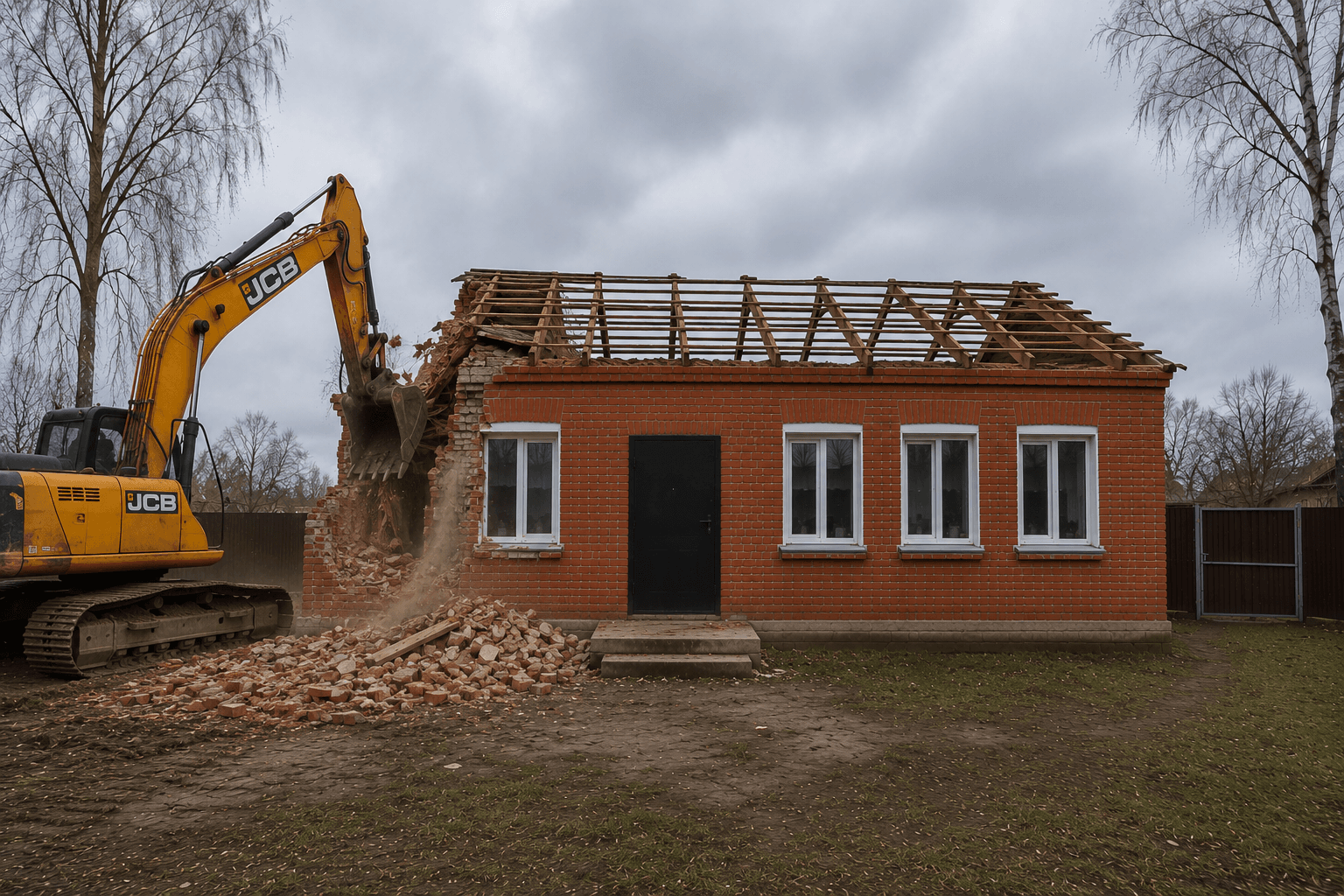 Экскаватор JCB разбирает стены кирпичного дома