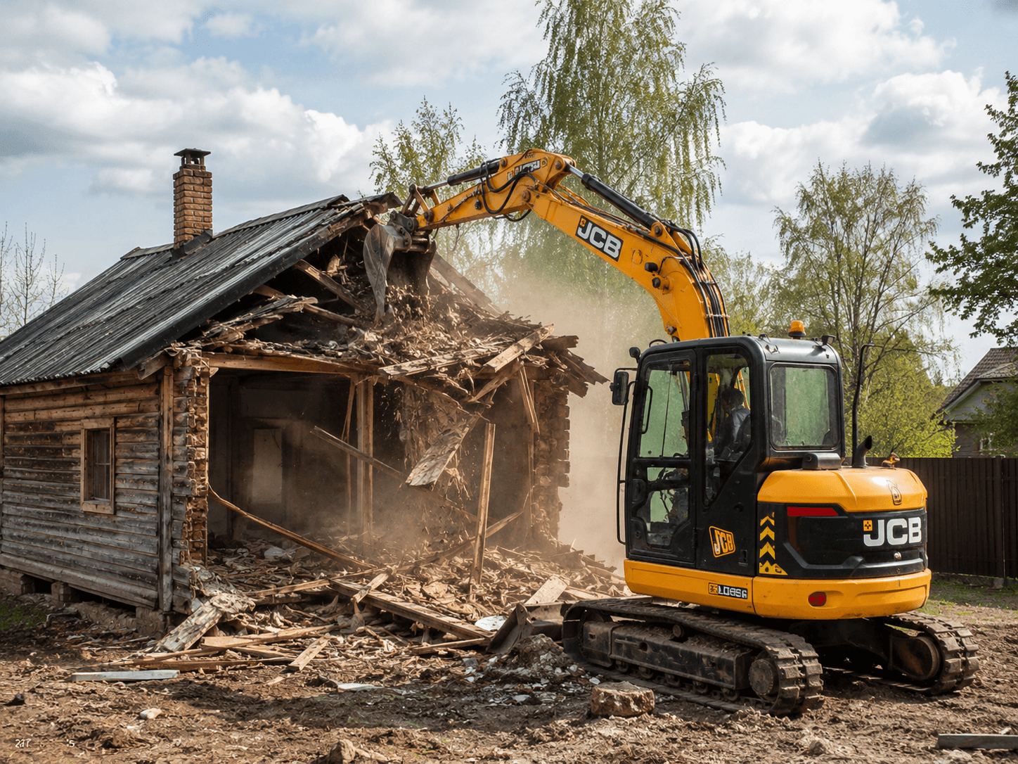 Снос деревянного дома экскаватором JCB